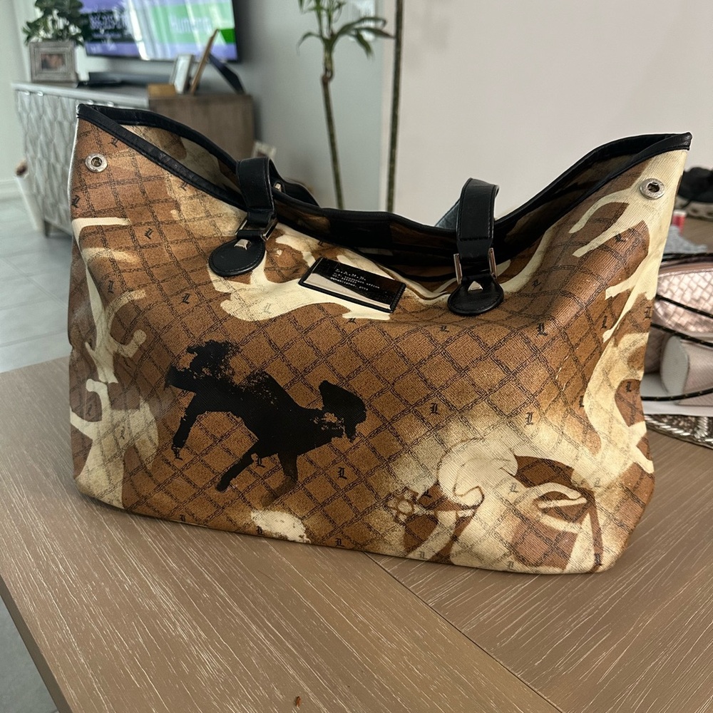 L.A.M.B. Brown, cream and Black Graphic Tote